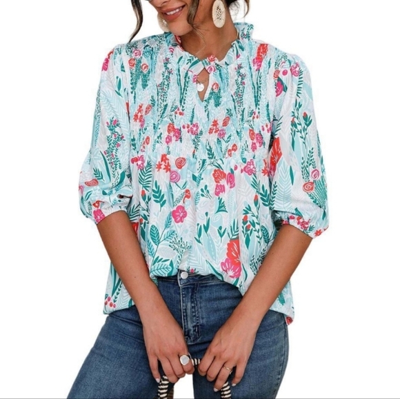 Camisa Green Floral Notch Neck Top Size M - Picture 1 of 5